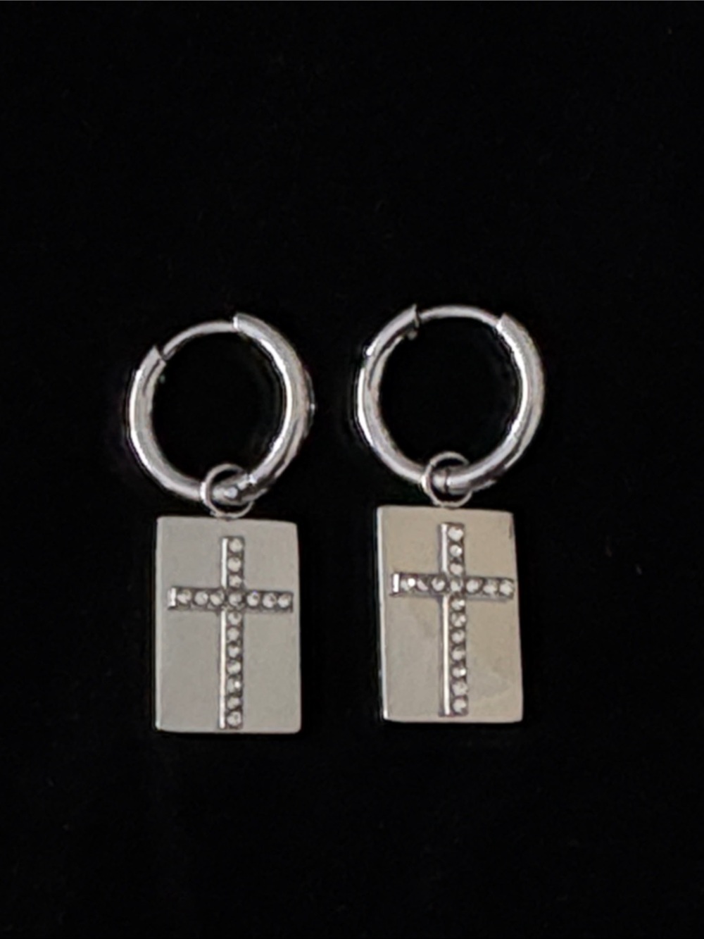Plunder Silver Huggie Cross Charm Earrings with Crystals (v)